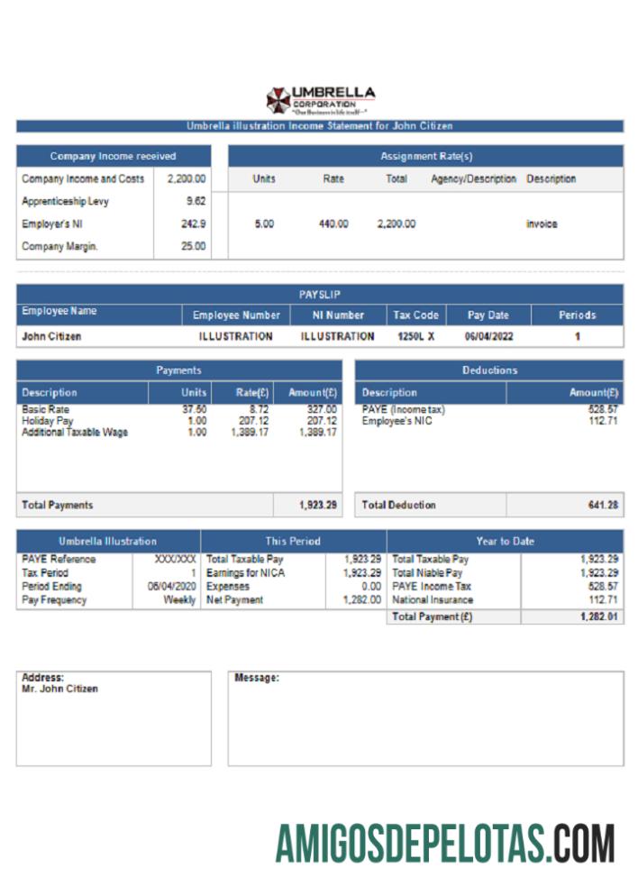 Recibo de pagamento da empresa farmacêutica USA Umbrella exemplo real